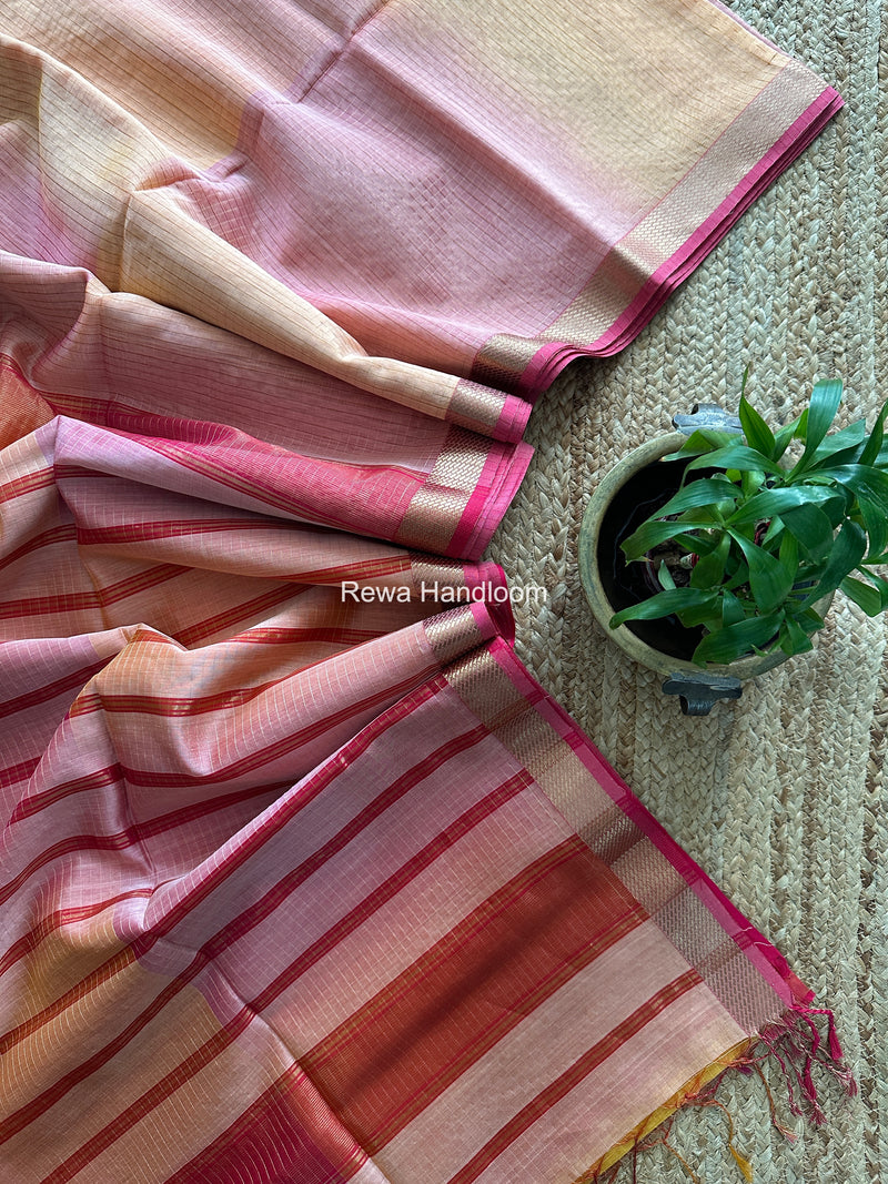 Maheshwari Baby Pink Zari Checks Shaded Saree ZCSS07