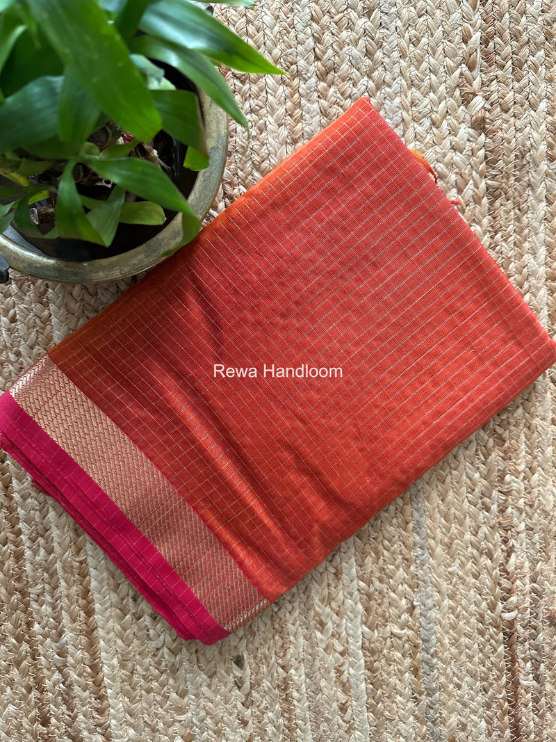 Maheshwari Carrot Red Zari Checks Shaded Saree ZCSS08
