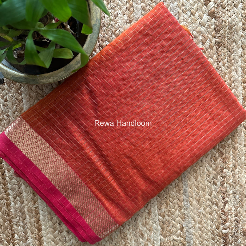 Maheshwari Carrot Red Zari Checks Shaded Saree ZCSS08