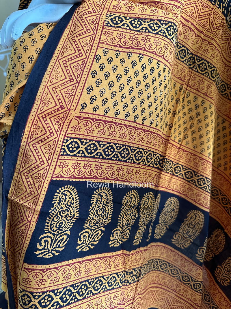 Black-Mustard Yellow Bagh Print Cotton Suit-BCS65