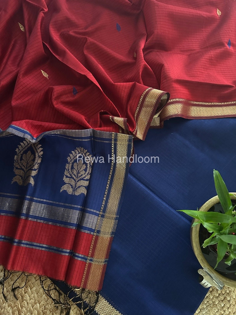 Maheshwari Blue-Red Motifs Top-Dupatta Set MS0172