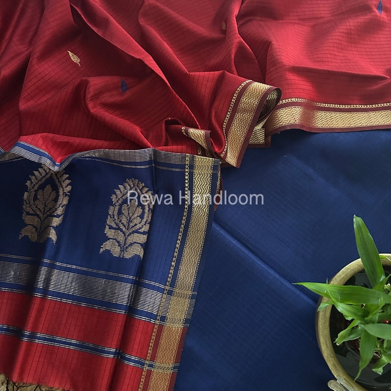 Maheshwari Blue-Red Motifs Top-Dupatta Set MS0172