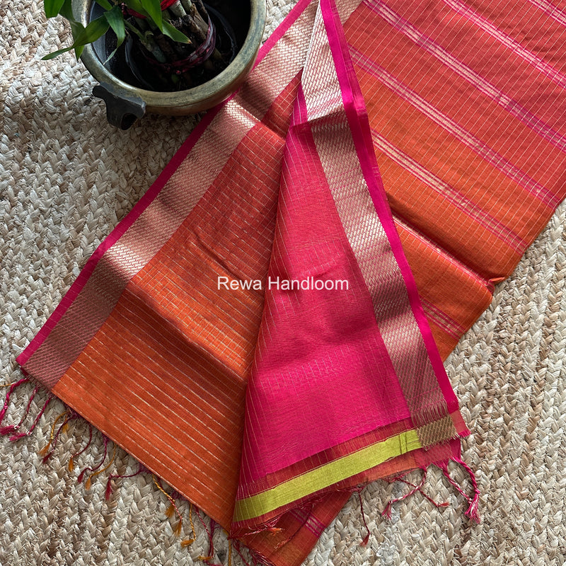 Maheshwari Carrot Red Zari Checks Shaded Saree ZCSS08