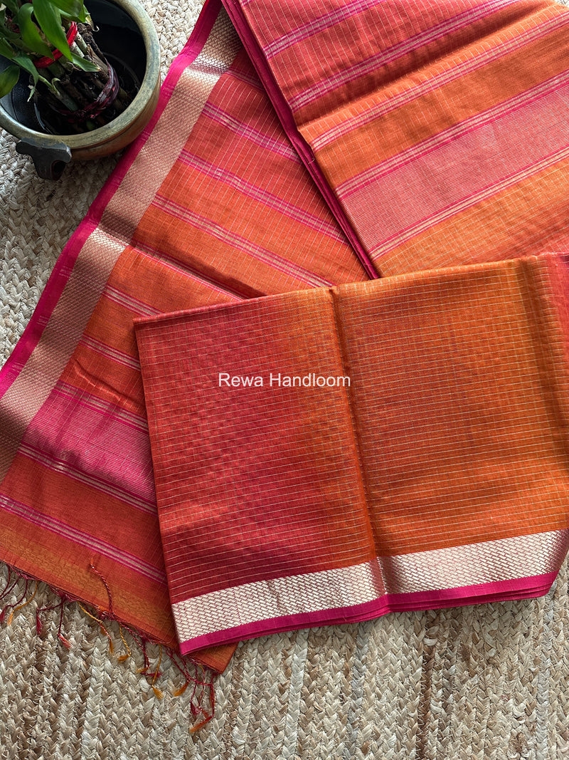 Maheshwari Carrot Red Zari Checks Shaded Saree ZCSS08