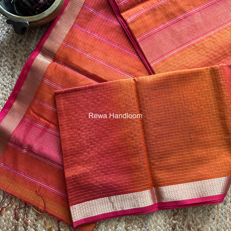 Maheshwari Carrot Red Zari Checks Shaded Saree ZCSS08