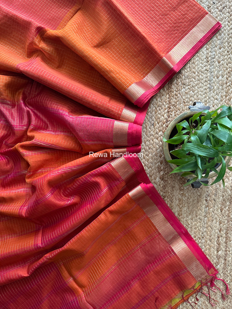 Maheshwari Carrot Red Zari Checks Shaded Saree ZCSS08