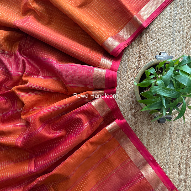 Maheshwari Carrot Red Zari Checks Shaded Saree ZCSS08