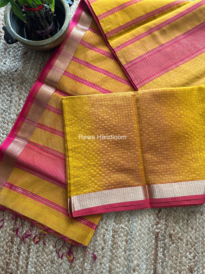 Maheshwari Yellow Zari Checks Shaded Saree ZCSS09