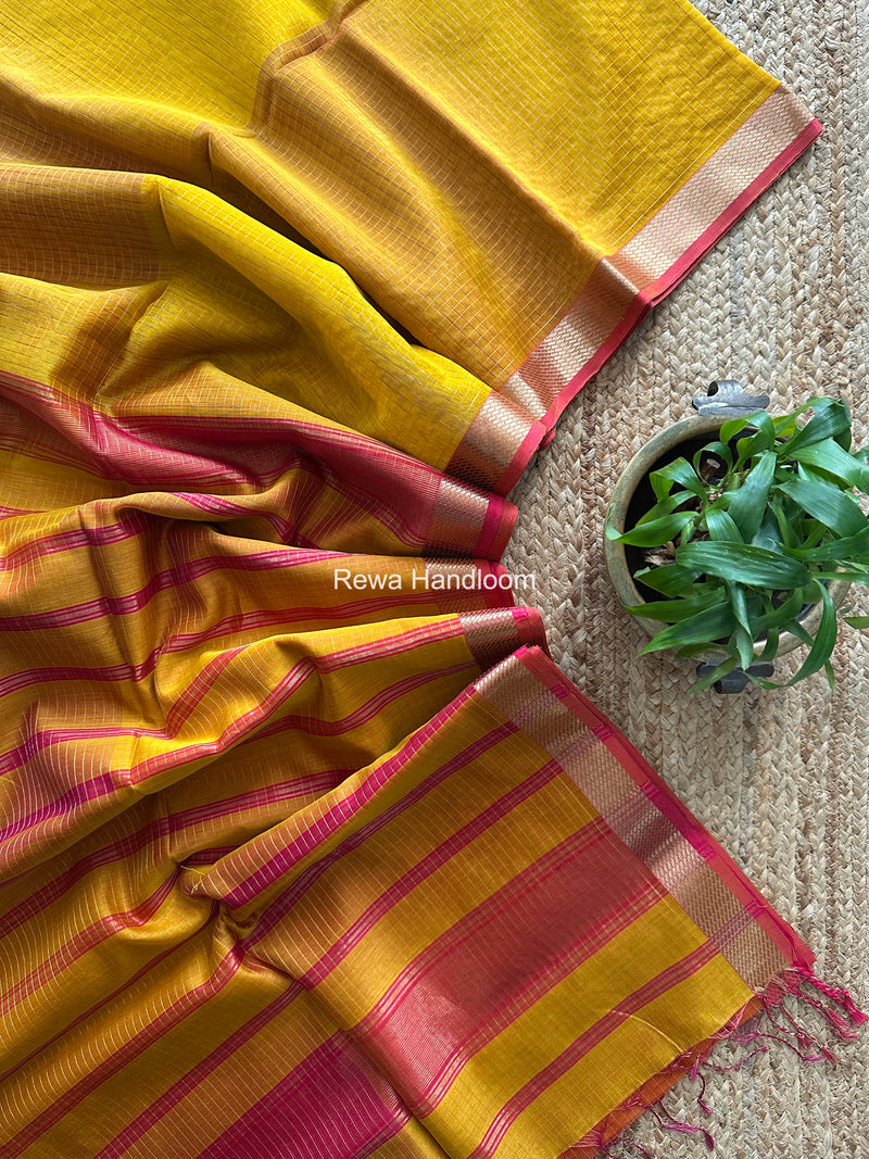 Maheshwari Yellow Zari Checks Shaded Saree ZCSS09