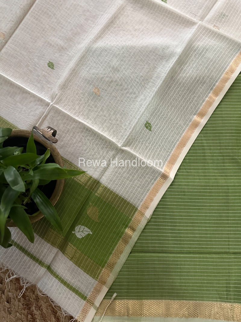 Maheshwari Green-White Patti Butti Top-Dupatta Set MS065