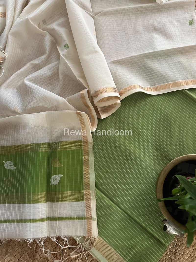 Maheshwari Green-White Patti Butti Top-Dupatta Set MS065