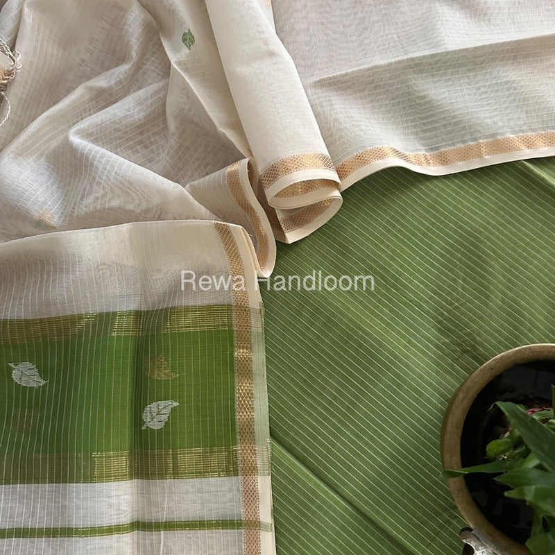 Maheshwari Green-White Patti Butti Top-Dupatta Set MS065