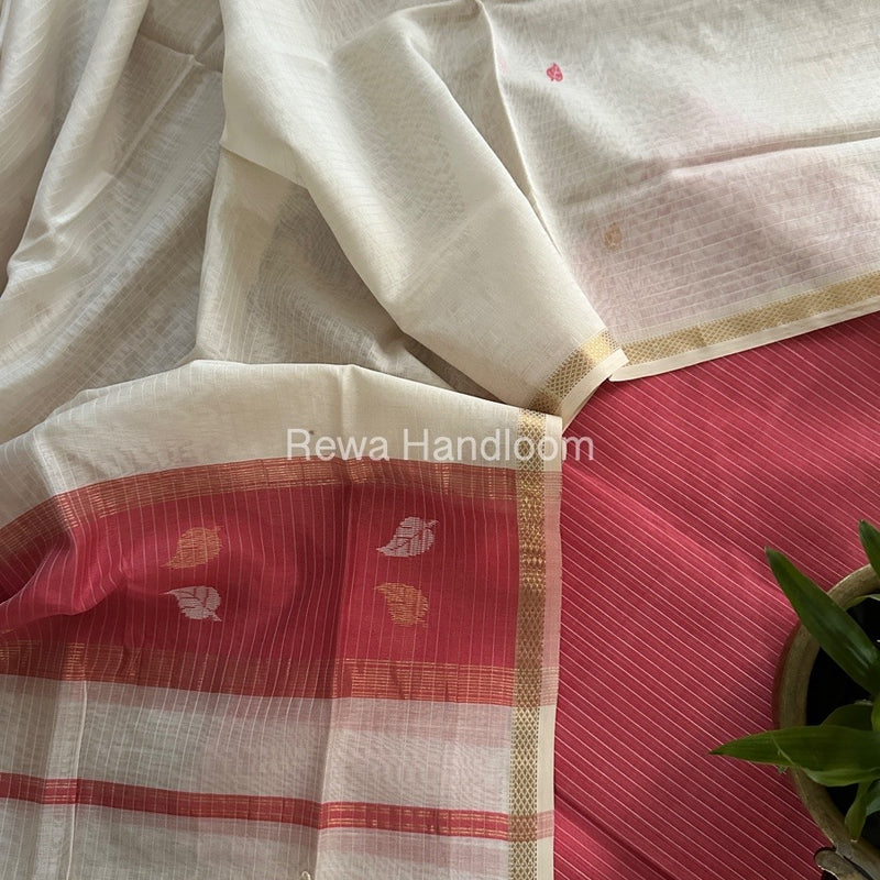 Maheshwari Fuchsia Pink-White Patti Butti Top-Dupatta Set MS069