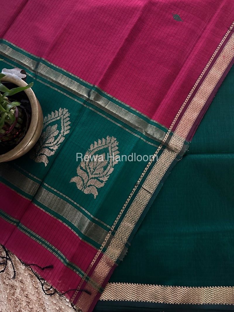 Maheshwari Green-Rani Pink Motifs Top-Dupatta Set MS0183