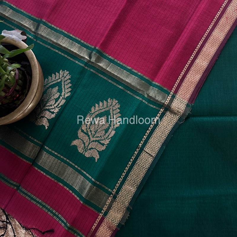 Maheshwari Green-Rani Pink Motifs Top-Dupatta Set MS0183