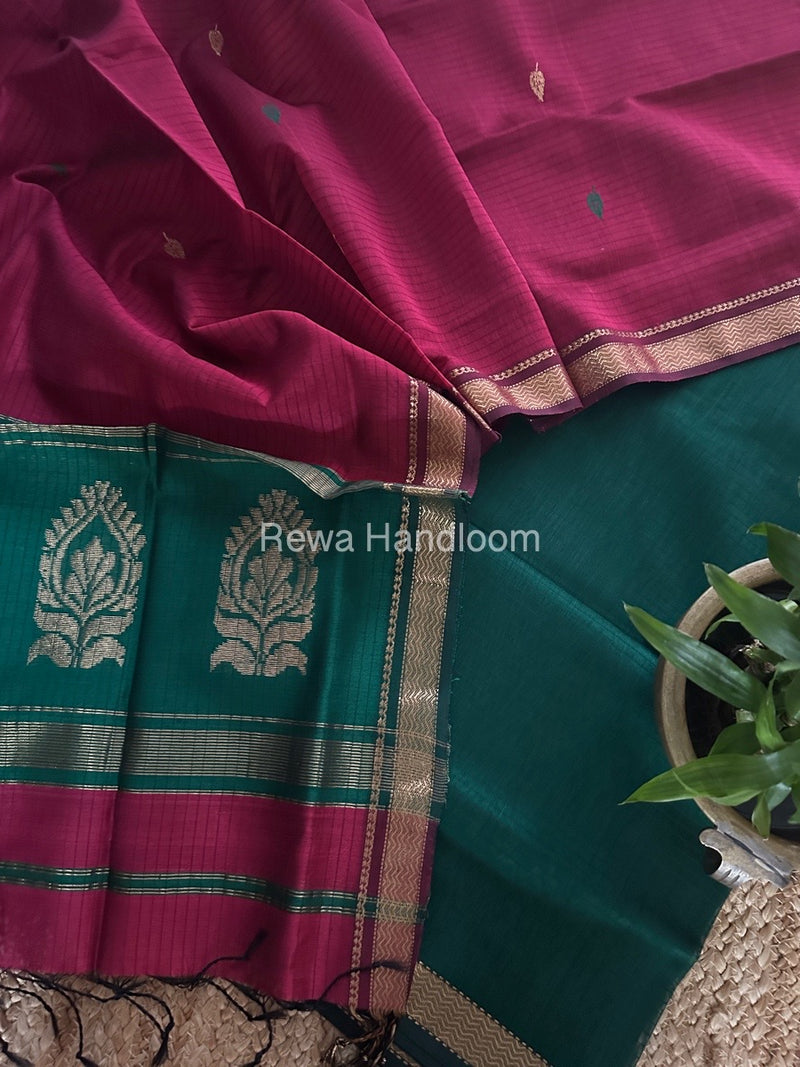 Maheshwari Green-Rani Pink Motifs Top-Dupatta Set MS0183