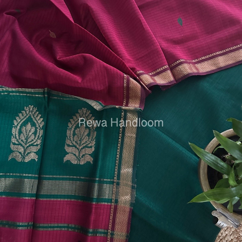 Maheshwari Green-Rani Pink Motifs Top-Dupatta Set MS0183