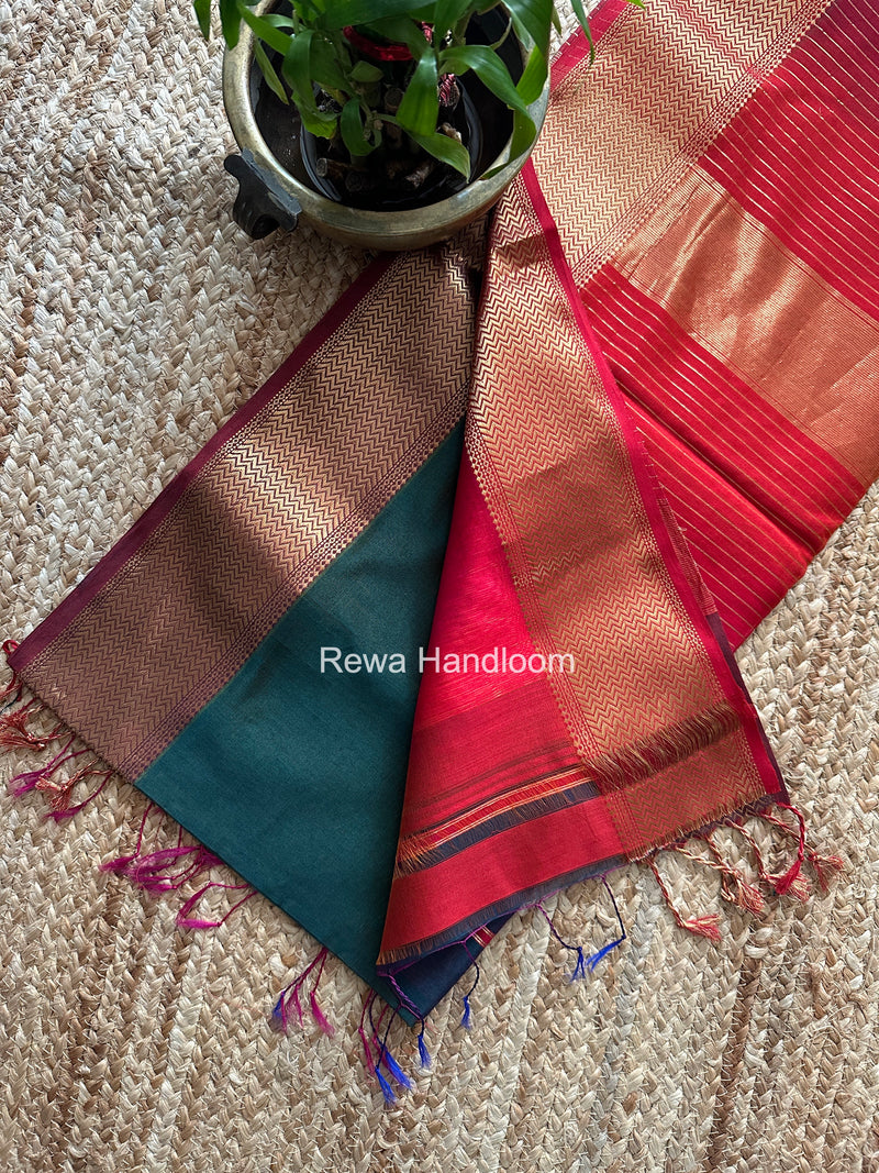 Maheshwari Dark Green Shaded Plain Saree ZBPS04