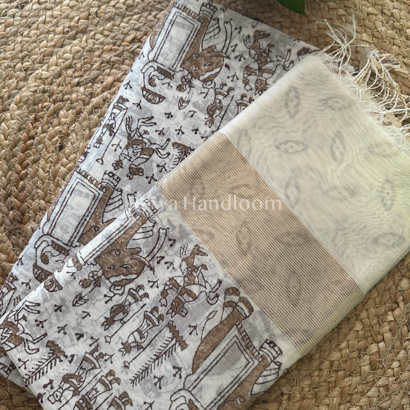 Maheshwari White Handblock Print Top-Dupatta-HBS03