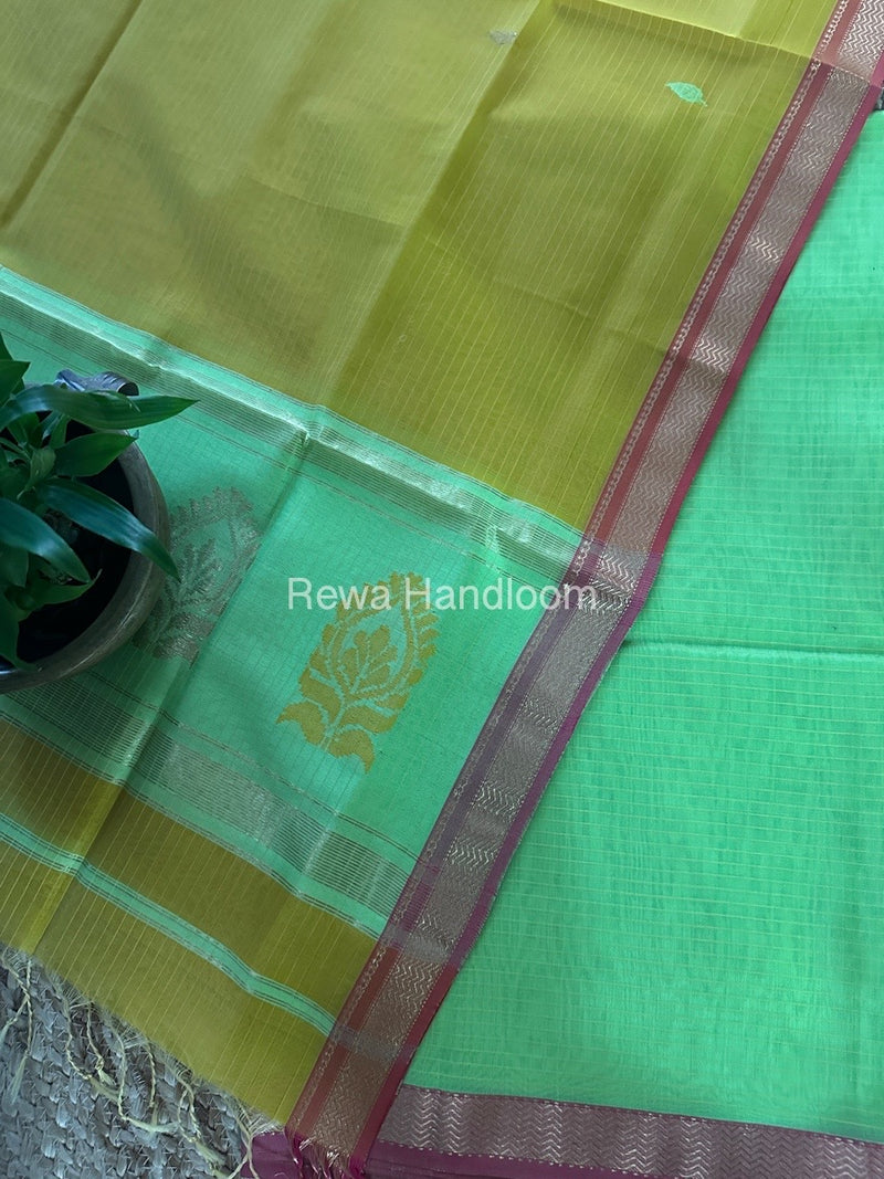 Maheshwari Parrot Green-Turmeric Yellow Motifs Top-Dupatta Set MS0187