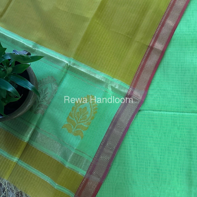 Maheshwari Parrot Green-Turmeric Yellow Motifs Top-Dupatta Set MS0187