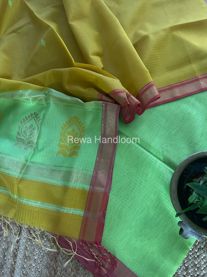 Maheshwari Parrot Green-Turmeric Yellow Motifs Top-Dupatta Set MS0187