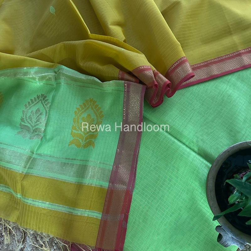 Maheshwari Parrot Green-Turmeric Yellow Motifs Top-Dupatta Set MS0187