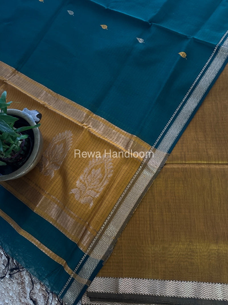 Maheshwari Mustard Yellow-Rama Green Motifs Top-Dupatta Set MS0186