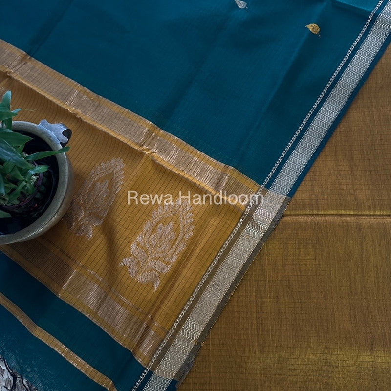 Maheshwari Mustard Yellow-Rama Green Motifs Top-Dupatta Set MS0186