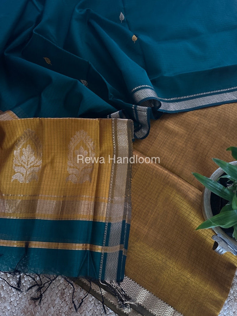 Maheshwari Mustard Yellow-Rama Green Motifs Top-Dupatta Set MS0186