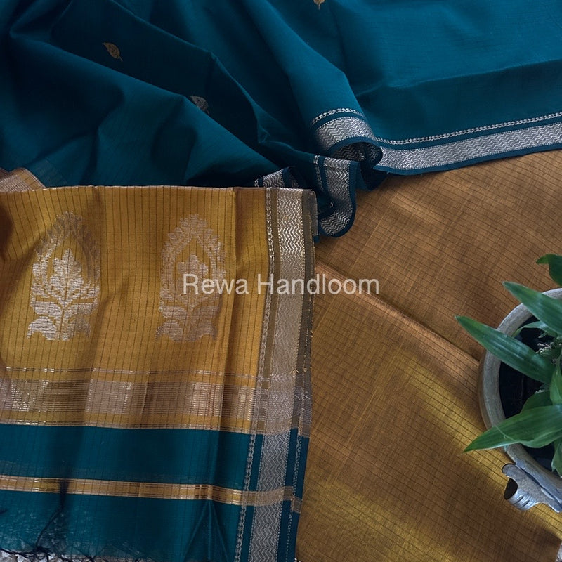 Maheshwari Mustard Yellow-Rama Green Motifs Top-Dupatta Set MS0186