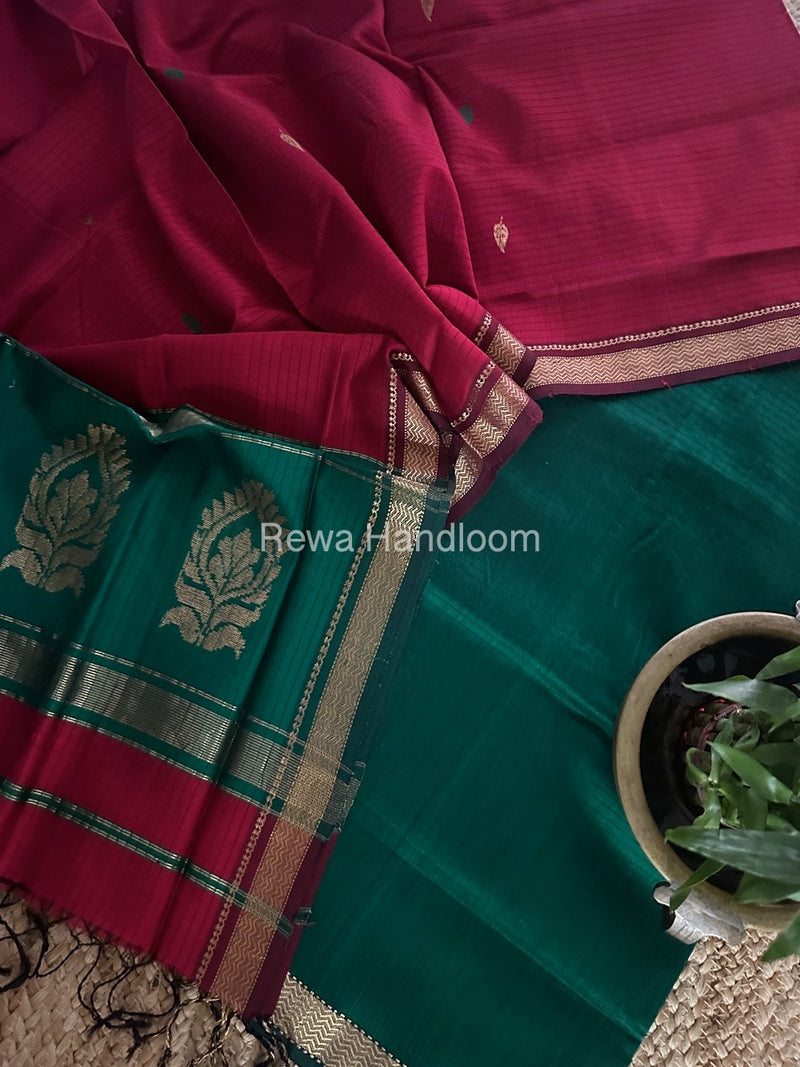 Maheshwari Green-Red Motifs Top-Dupatta Set MS0185