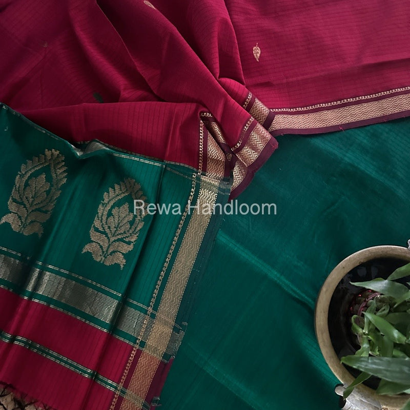 Maheshwari Green-Red Motifs Top-Dupatta Set MS0185