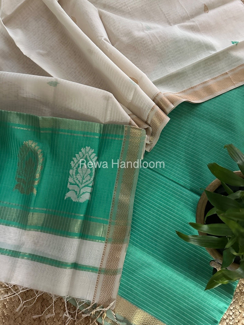 Maheshwari Light Sea Green-White Motifs Top-Dupatta Set MS0142