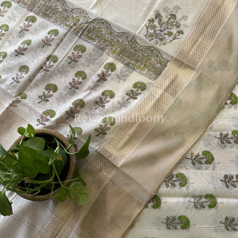 Maheshwari White Handblock Print Top-Dupatta-HBS06