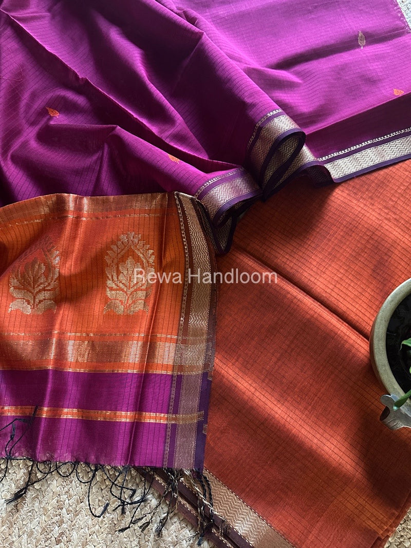 Maheshwari Rust Orange-Magenta Motifs Top-Dupatta Set MS0184