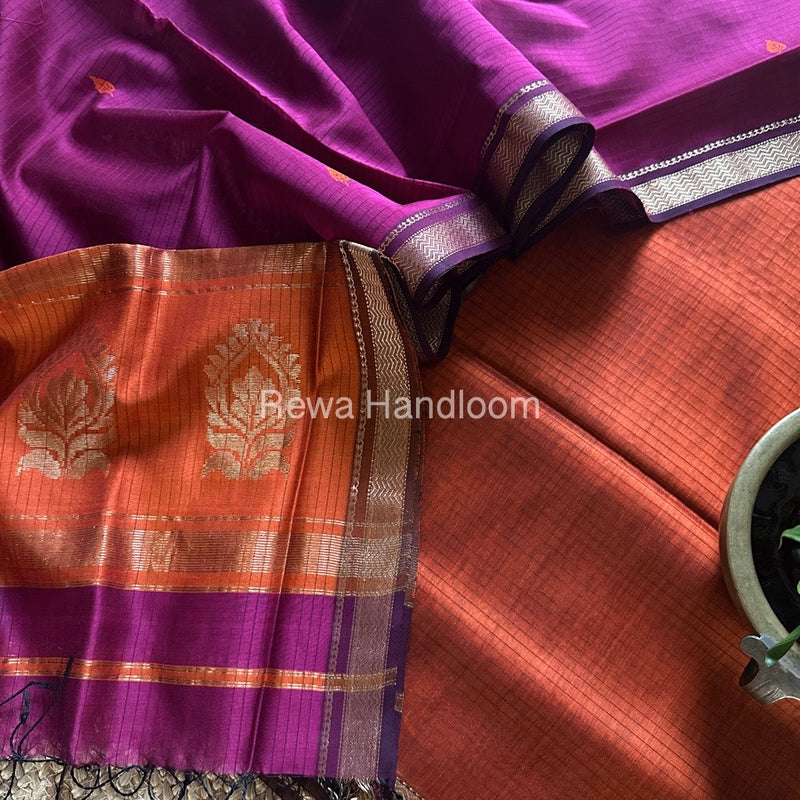 Maheshwari Rust Orange-Magenta Motifs Top-Dupatta Set MS0184