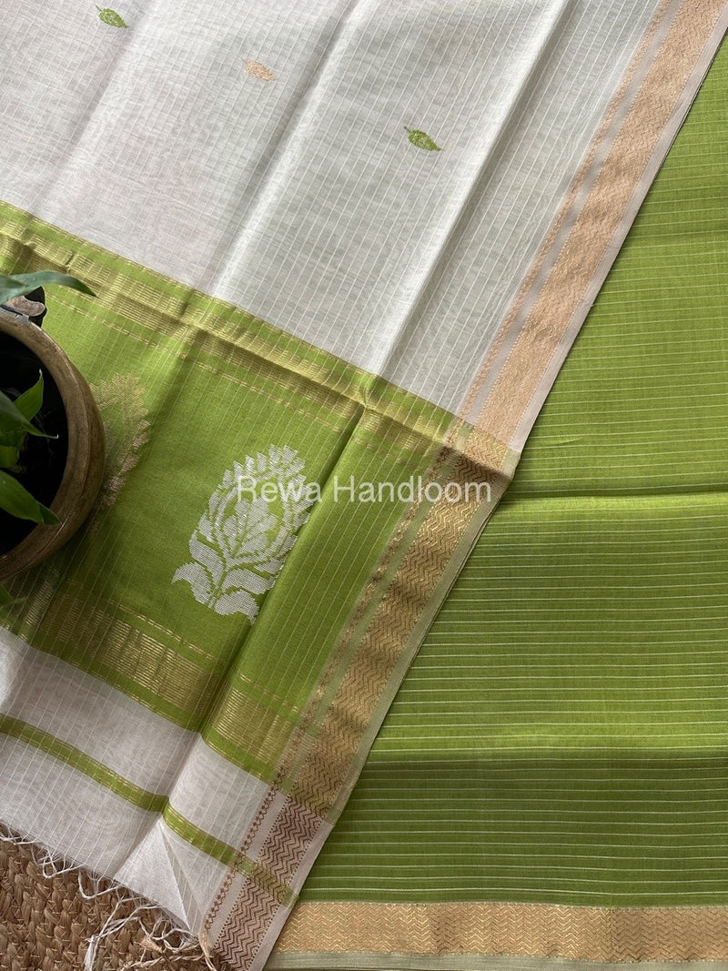 Maheshwari Mehendi Green-White Motifs Top-Dupatta Set MS0155