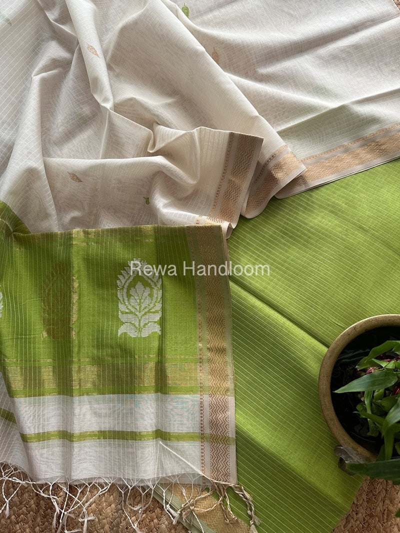 Maheshwari Mehendi Green-White Motifs Top-Dupatta Set MS0155