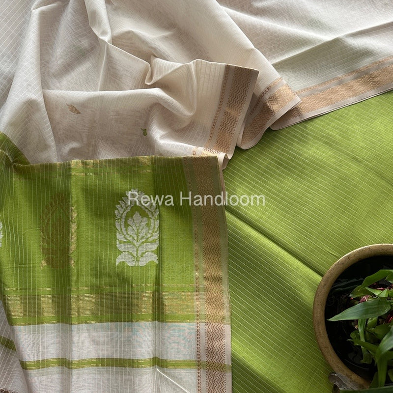 Maheshwari Mehendi Green-White Motifs Top-Dupatta Set MS0155
