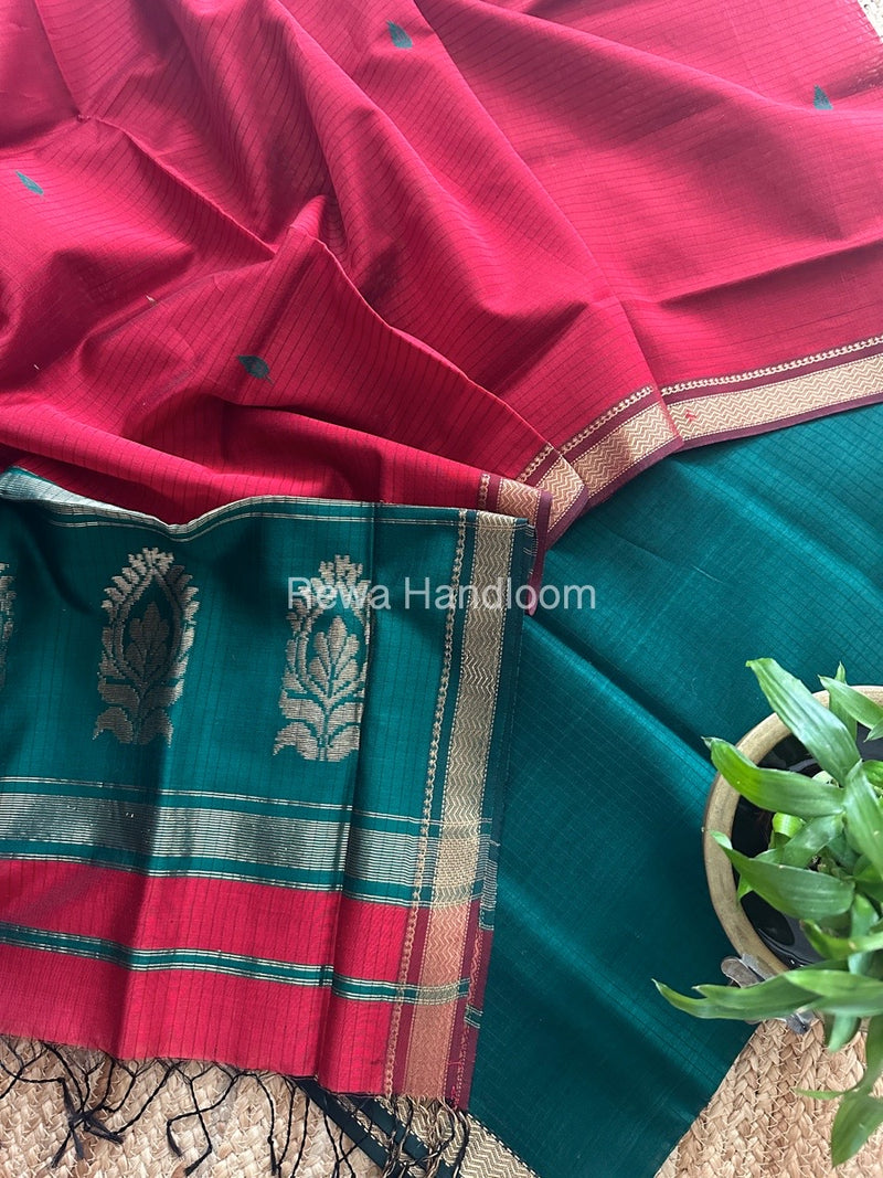 Maheshwari Green-Red Motifs Top-Dupatta Set MS0154