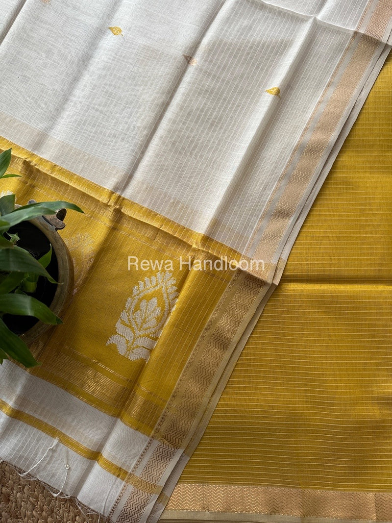 Maheshwari Turmeric Yellow-White Motifs Top-Dupatta Set MS0181