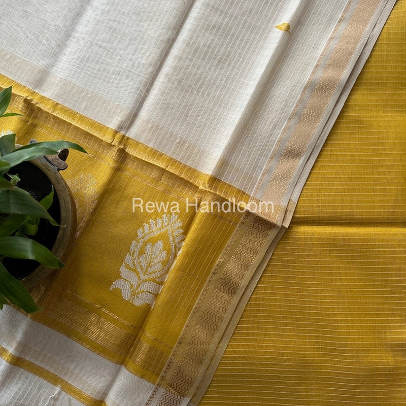 Maheshwari Turmeric Yellow-White Motifs Top-Dupatta Set MS0181