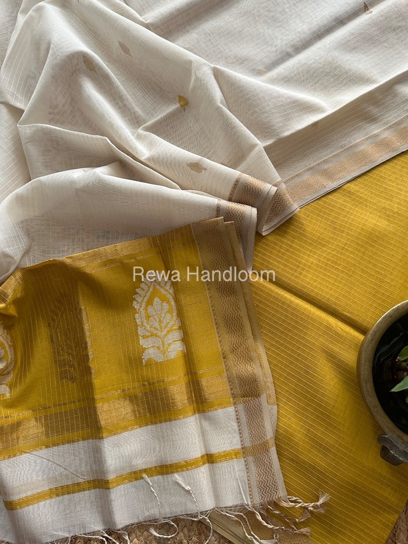 Maheshwari Turmeric Yellow-White Motifs Top-Dupatta Set MS0181