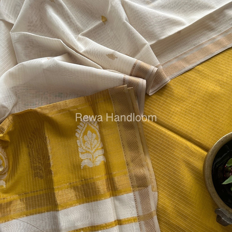 Maheshwari Turmeric Yellow-White Motifs Top-Dupatta Set MS0181