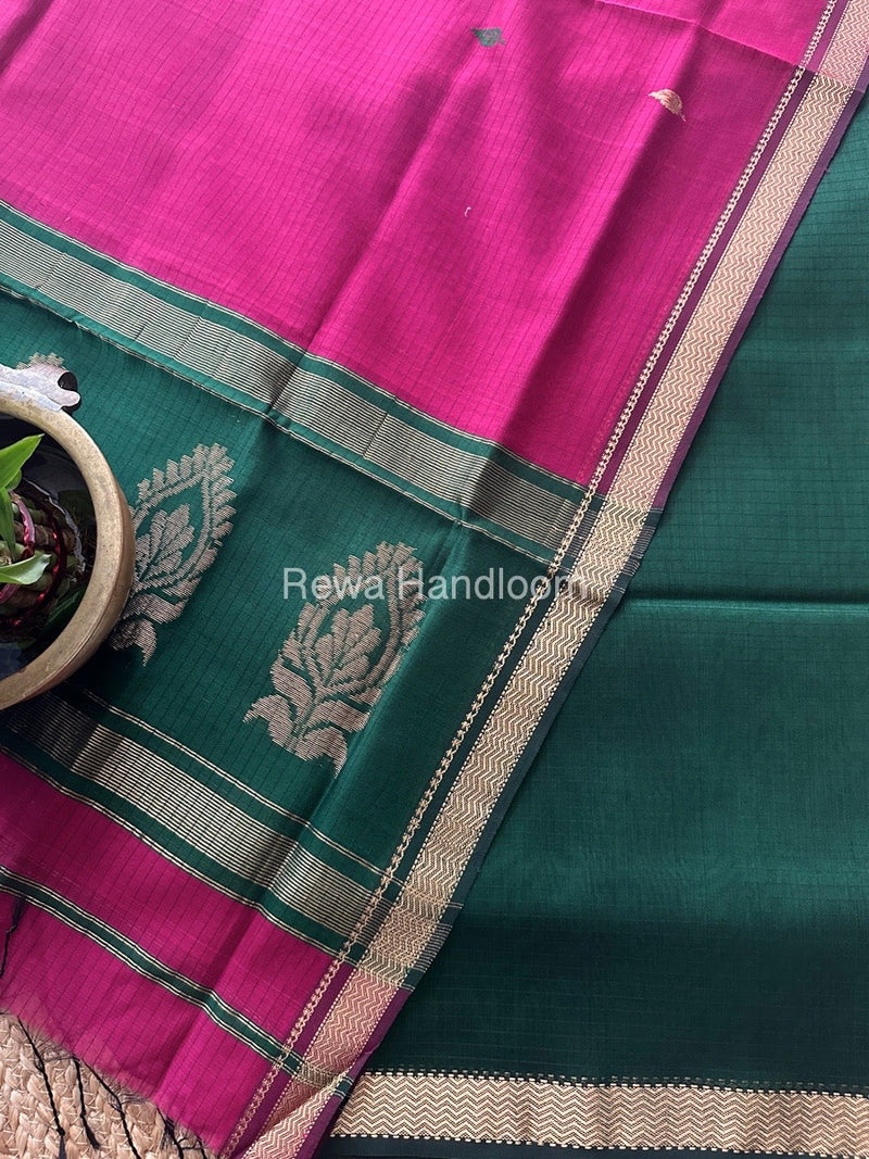 Maheshwari Green-Rani Pink Motifs Top-Dupatta Set MS0153