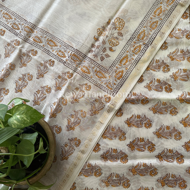 Maheshwari White Handblock Print Top-Dupatta-HBS013