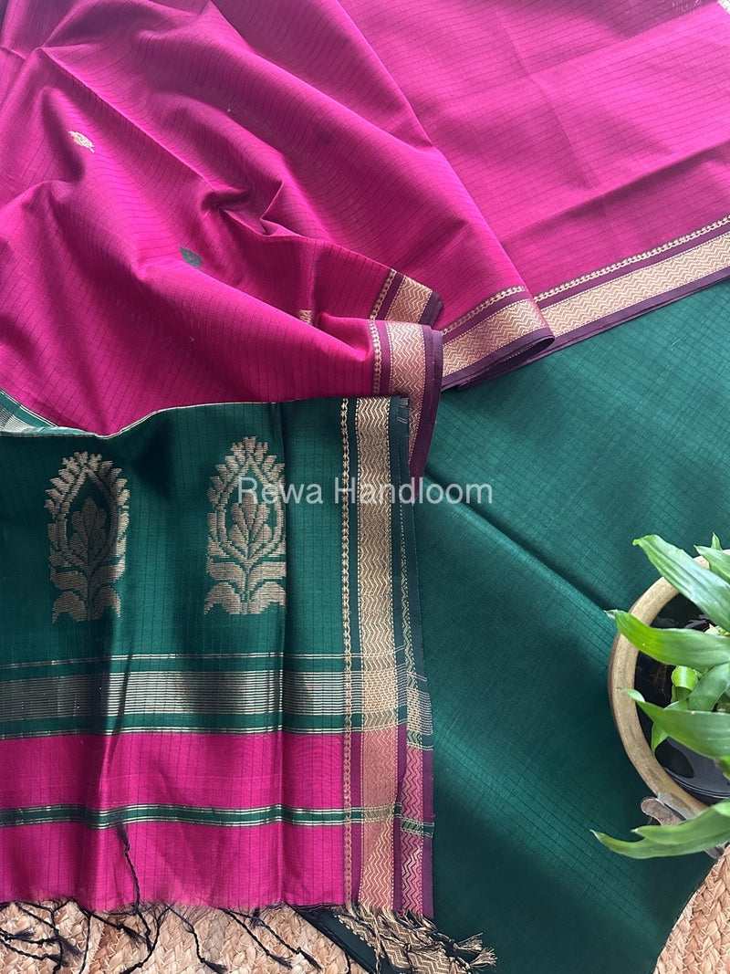 Maheshwari Green-Rani Pink Motifs Top-Dupatta Set MS0153