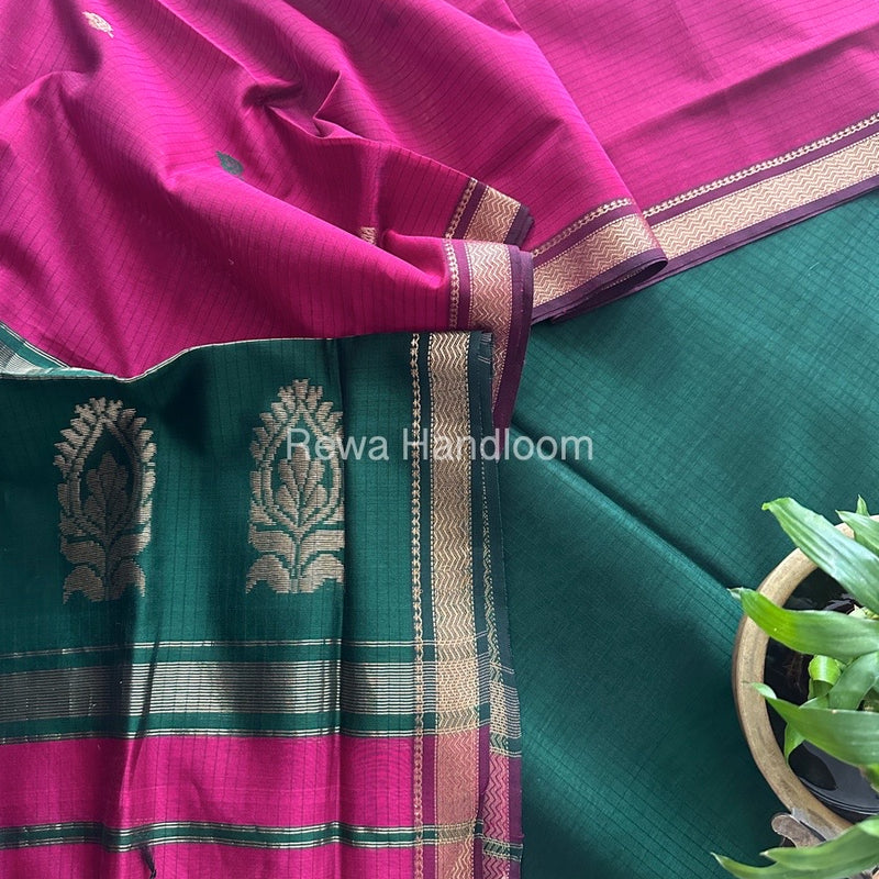 Maheshwari Green-Rani Pink Motifs Top-Dupatta Set MS0153