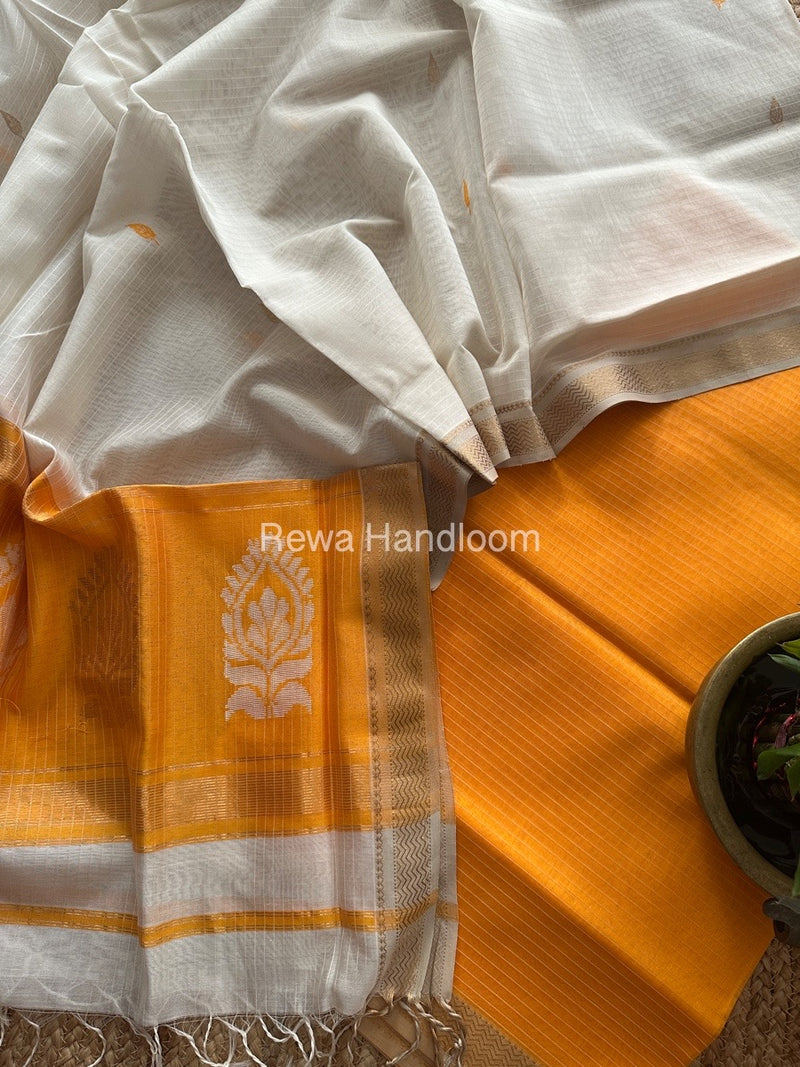 Maheshwari Orange-White Motifs Top-Dupatta Set MS0152